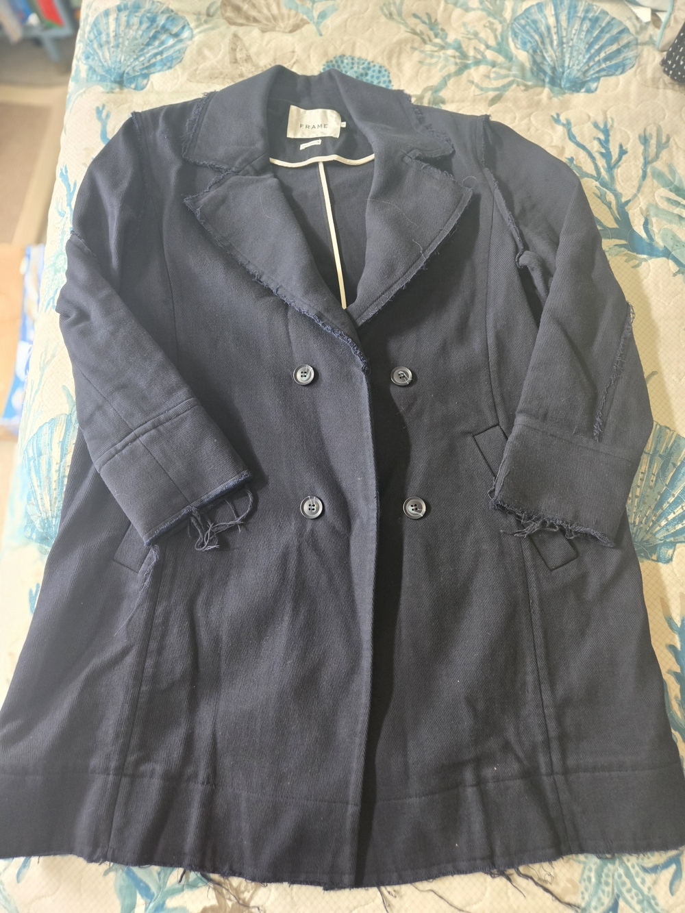 Frame Denim Navy Double-Breasted Frayed-Trim Trench Coat